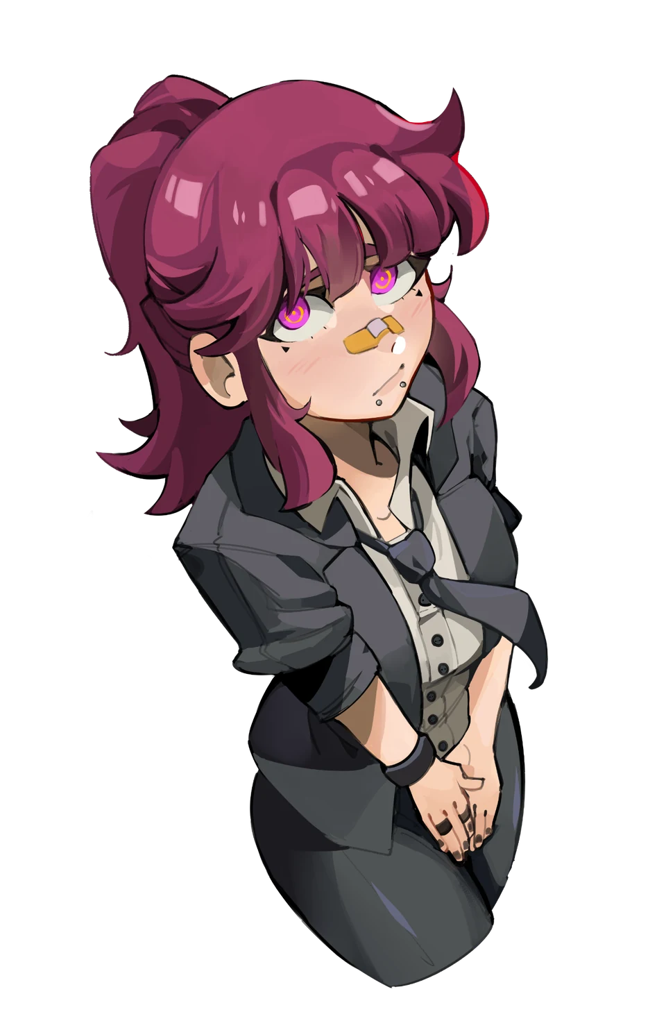 Personagem do Tony de cabelo roxo e roupa social